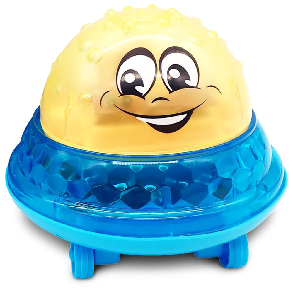 Yellow and blue cartoon water-spraying spinning pool dome toy with smiling face