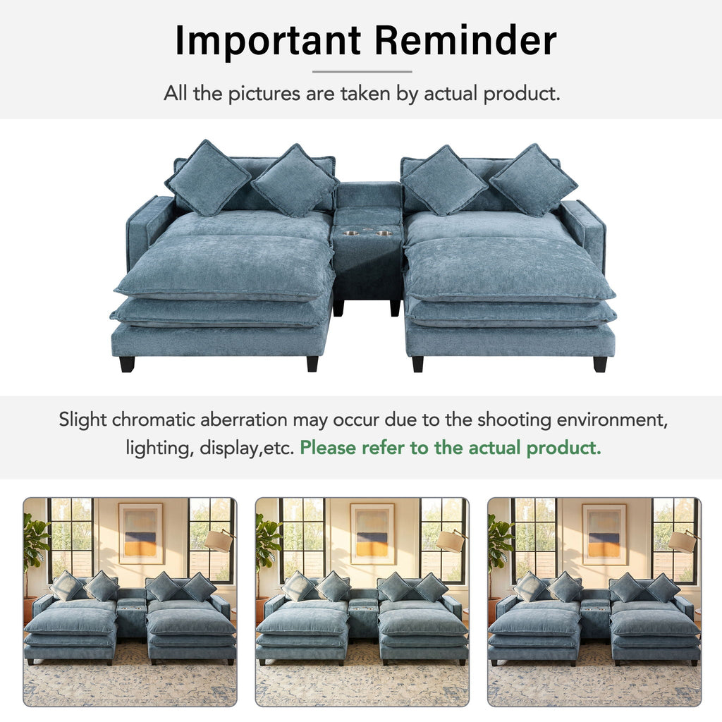 Light blue sectional sofa with removable ottomans and multiple square throw pillows