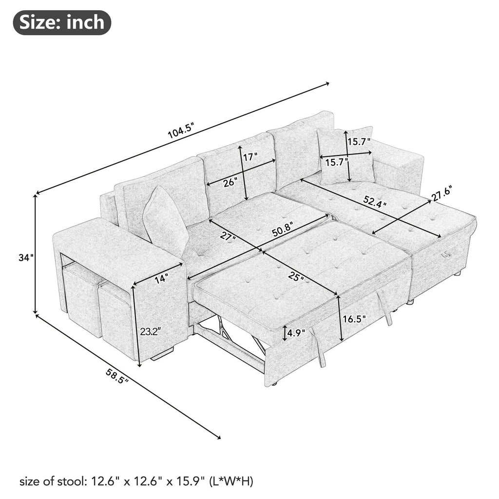 Light gray L-shape reversible sleeper sectional sofa diagram with pull-out bed dimensions
