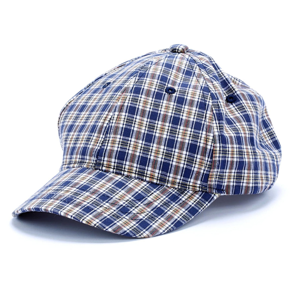 Kids blue plaid baseball cap with curved brim and snapback-style top button
