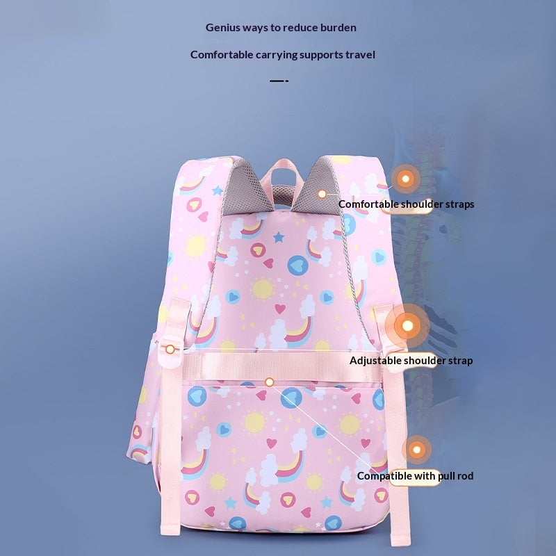 Pink unicorn-pattern student backpack with adjustable shoulder straps and pull-rod compatible