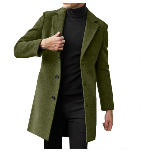 Men's mid-length long-sleeve wool coat, olive green with button front and notched lapels