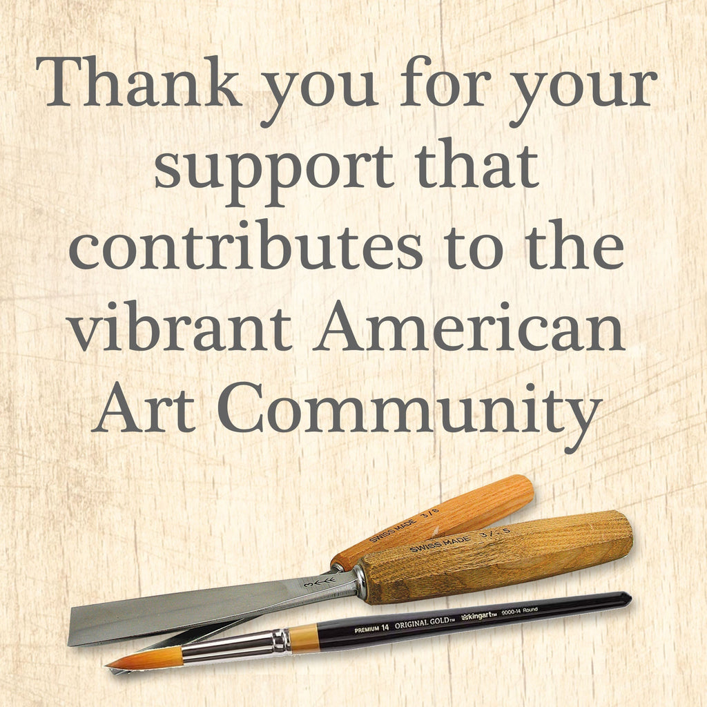 Thank-you art card for American Art Community with paintbrush and craft tools