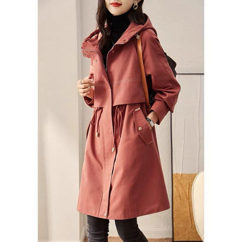 Women's hooded windbreaker coat in muted red-brown, drawstring waist, front button placket