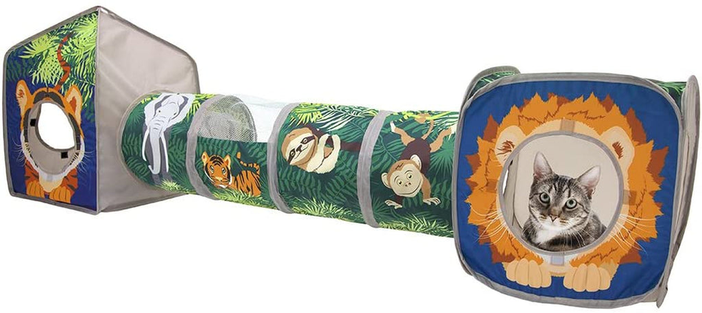 Jungle Cat Cube Combo with two printed pop-up cubes joined by a collapsible animal-print tunnel