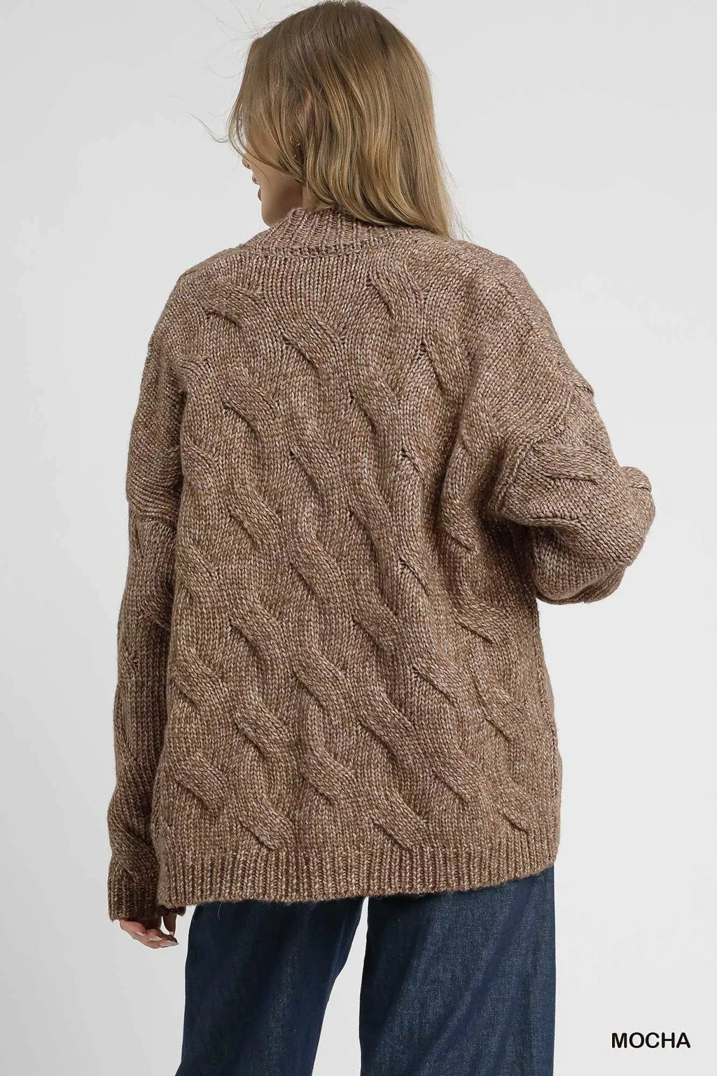 Back view of mocha chunky cable-knit open-front cardigan with cable pattern