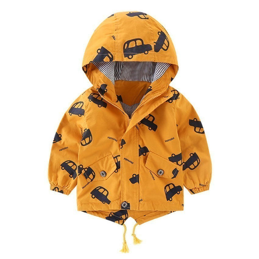 Kids' cotton-padded hooded coat, yellow with car prints, front zipper and tassel ties