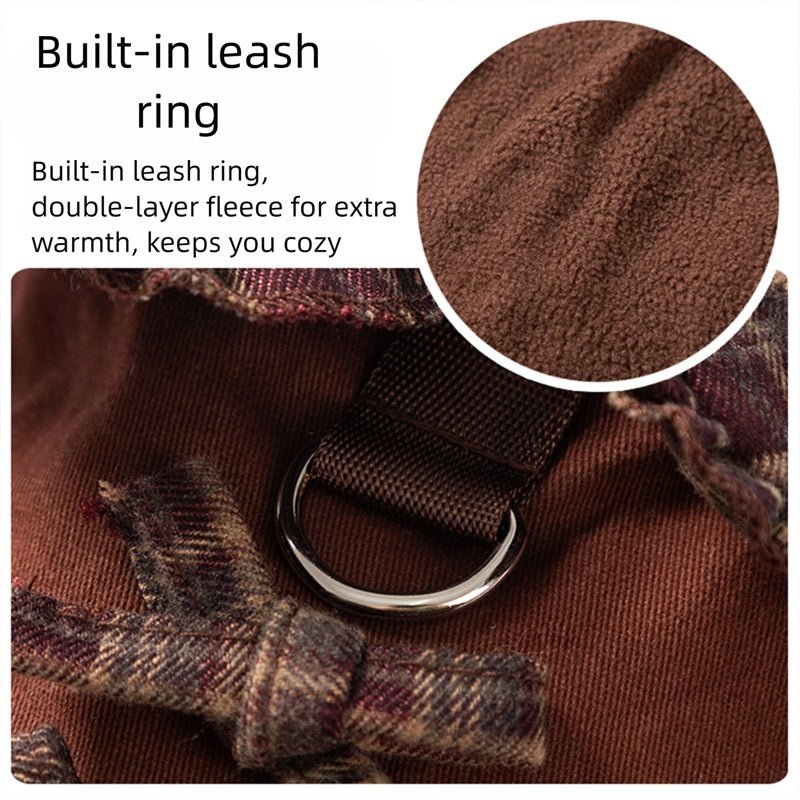 Brown fleece pet sweater dress with built-in leash ring and plaid ruffle