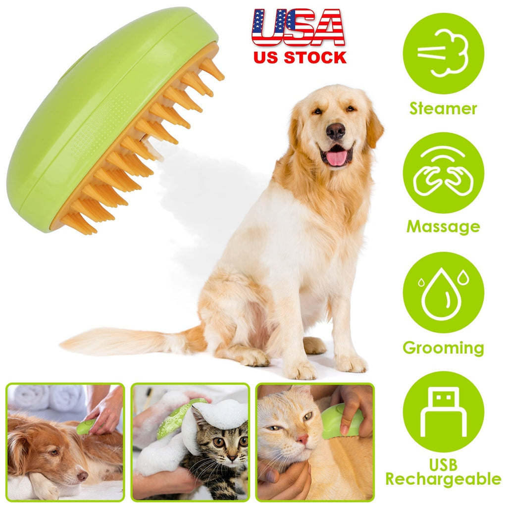Lime green steam brush with orange bristles for dog and cat grooming