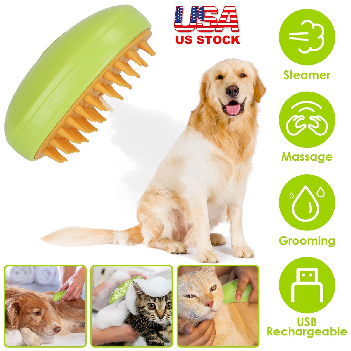 Lime green steam brush with orange bristles for dog and cat grooming