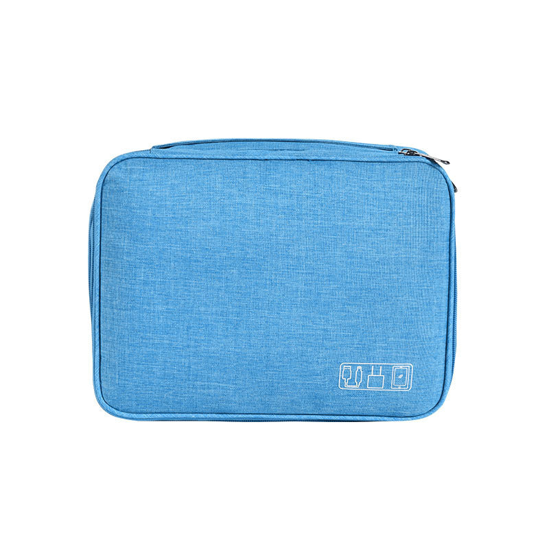 Light blue cable organizer bag with zippered top and device icon patch