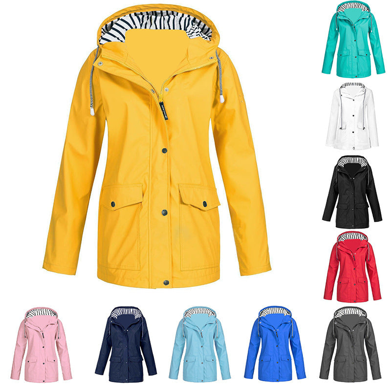 Three-in-one waterproof jacket in yellow, zip-front hood with drawstring toggles