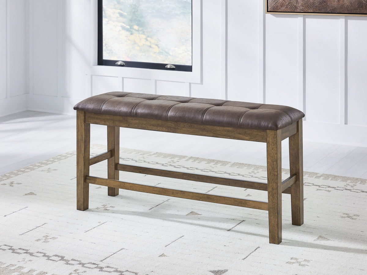 Wood and upholstered bench with dark brown tufted cushion and open rectangular rail frame