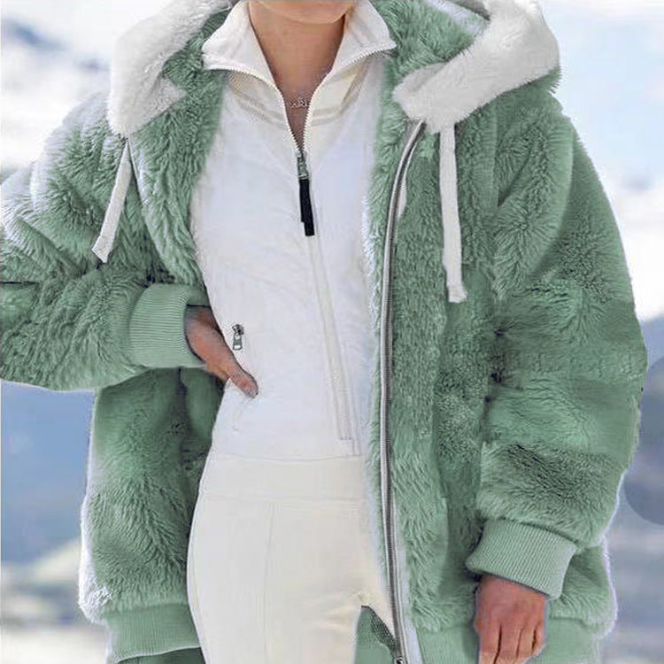 Green plush zip-up hooded jacket with white lining and ribbed cuffs