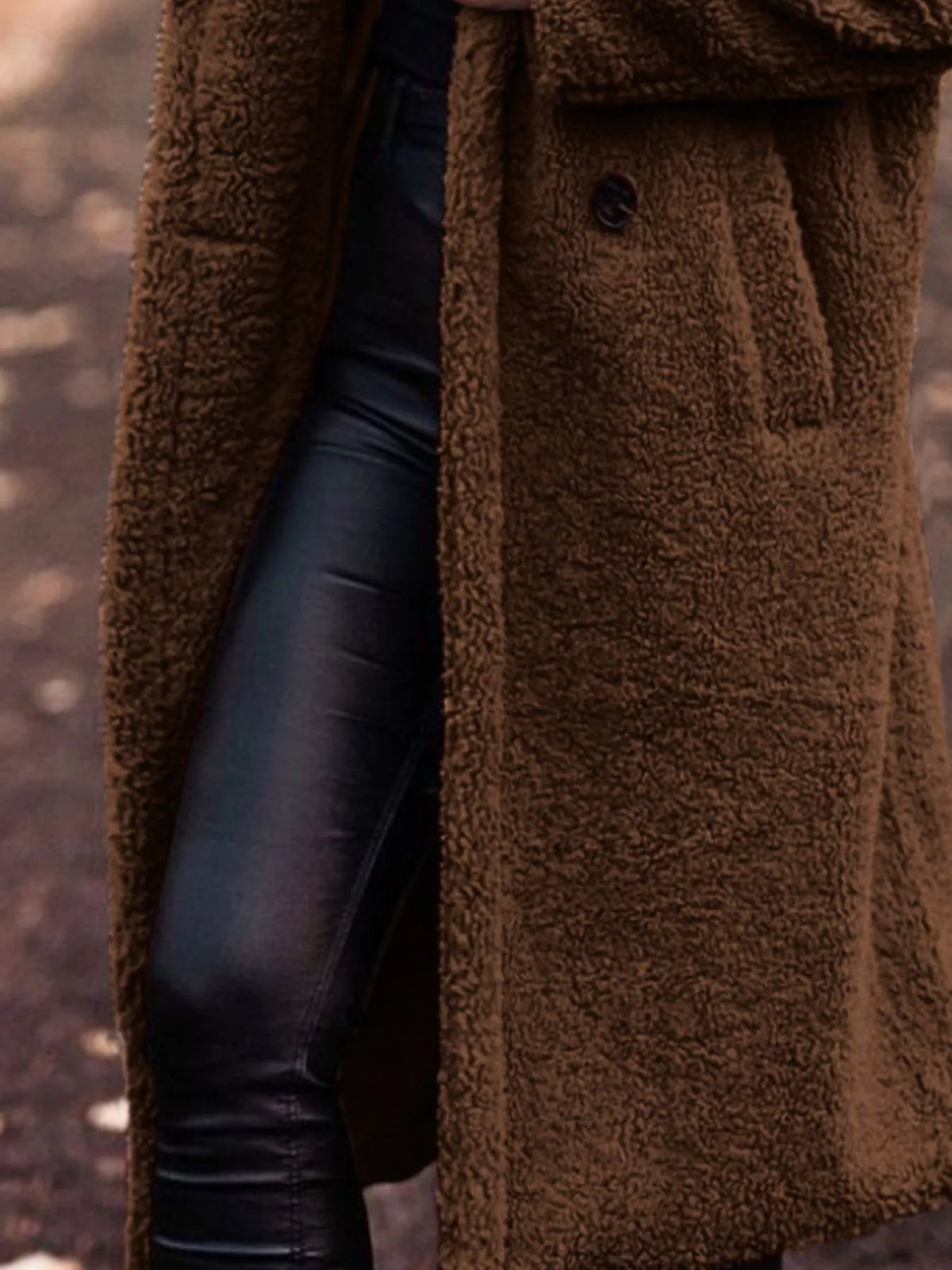 Brown teddy longline outerwear with hood and textured fabric, front button detail