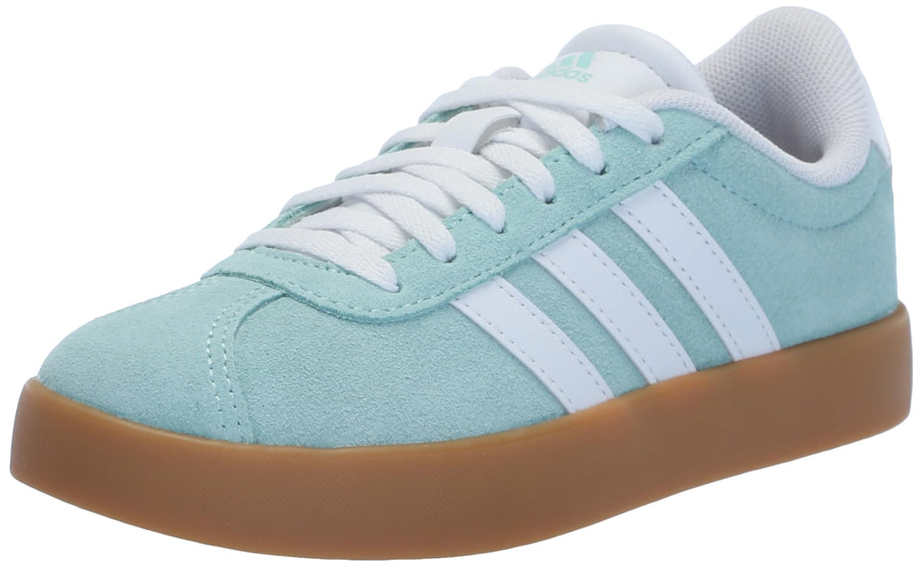 Kids lace-up sneaker in light blue with white stripes, brown gum sole and padded collar