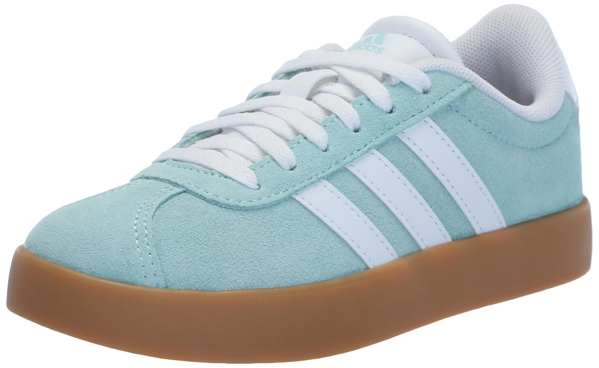 Kids lace-up sneaker in light blue with white stripes, brown gum sole and padded collar