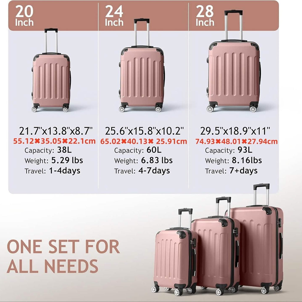 Rose hard shell luggage set with three spinner suitcases in 20-, 24-, and 28-inch size