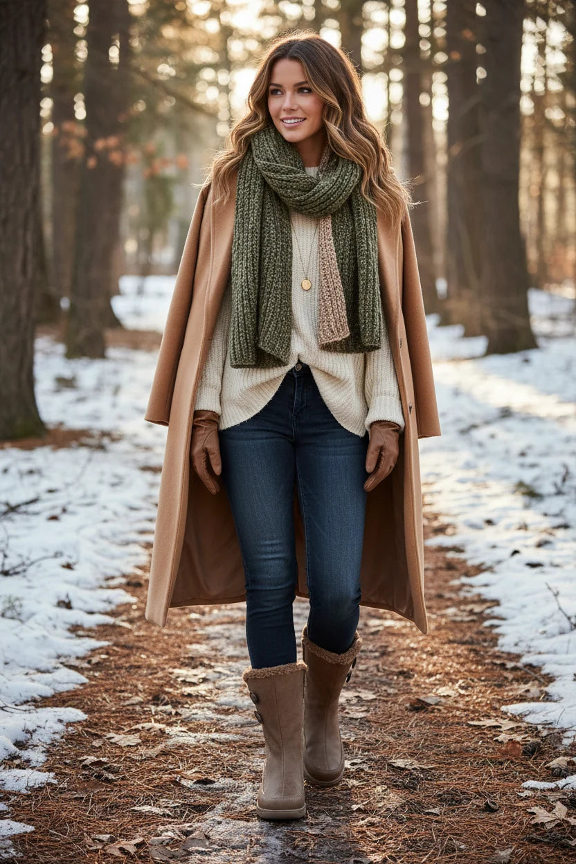 Brown cold-weather boot with faux-fur top, worn with jeans