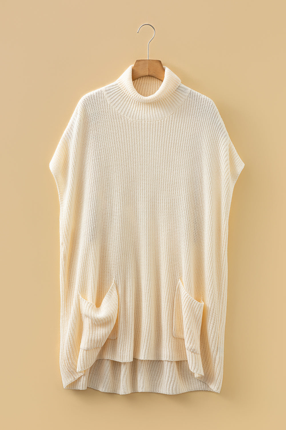 Cream ribbed turtleneck short-sleeve tunic sweater with patch pockets