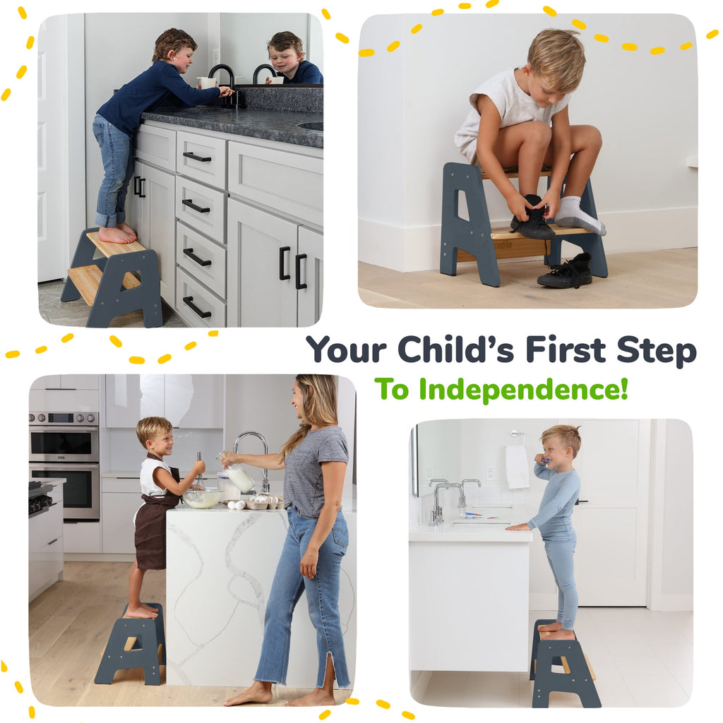 Two-step wooden step stool with cutout side panels and wood steps, shown in use.