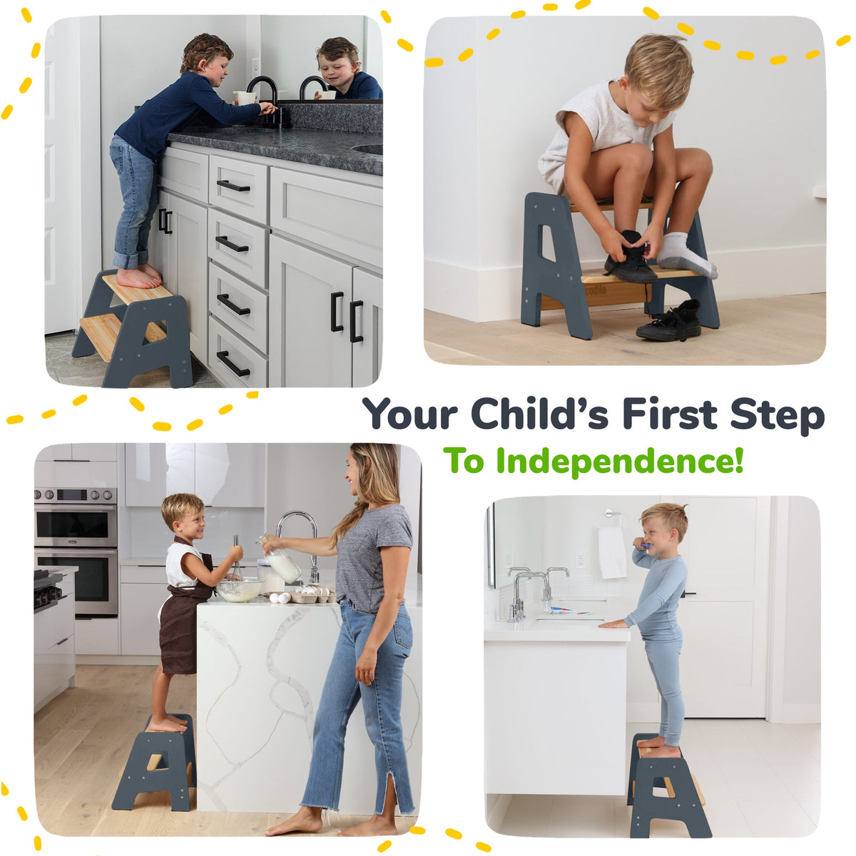 Two-step wooden step stool with cutout side panels and wood steps, shown in use.