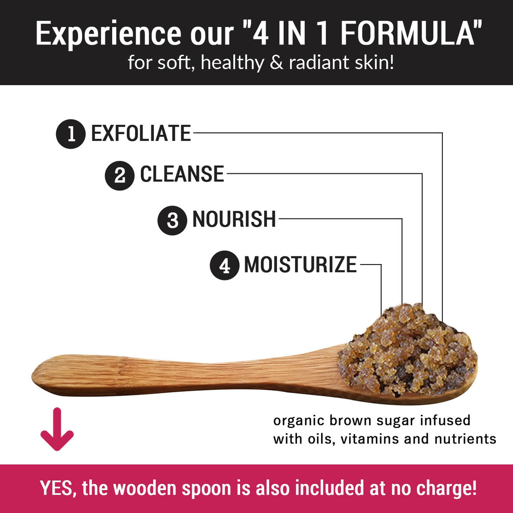 4-in-1 formula wooden spoon holding brown sugar scrub granules.