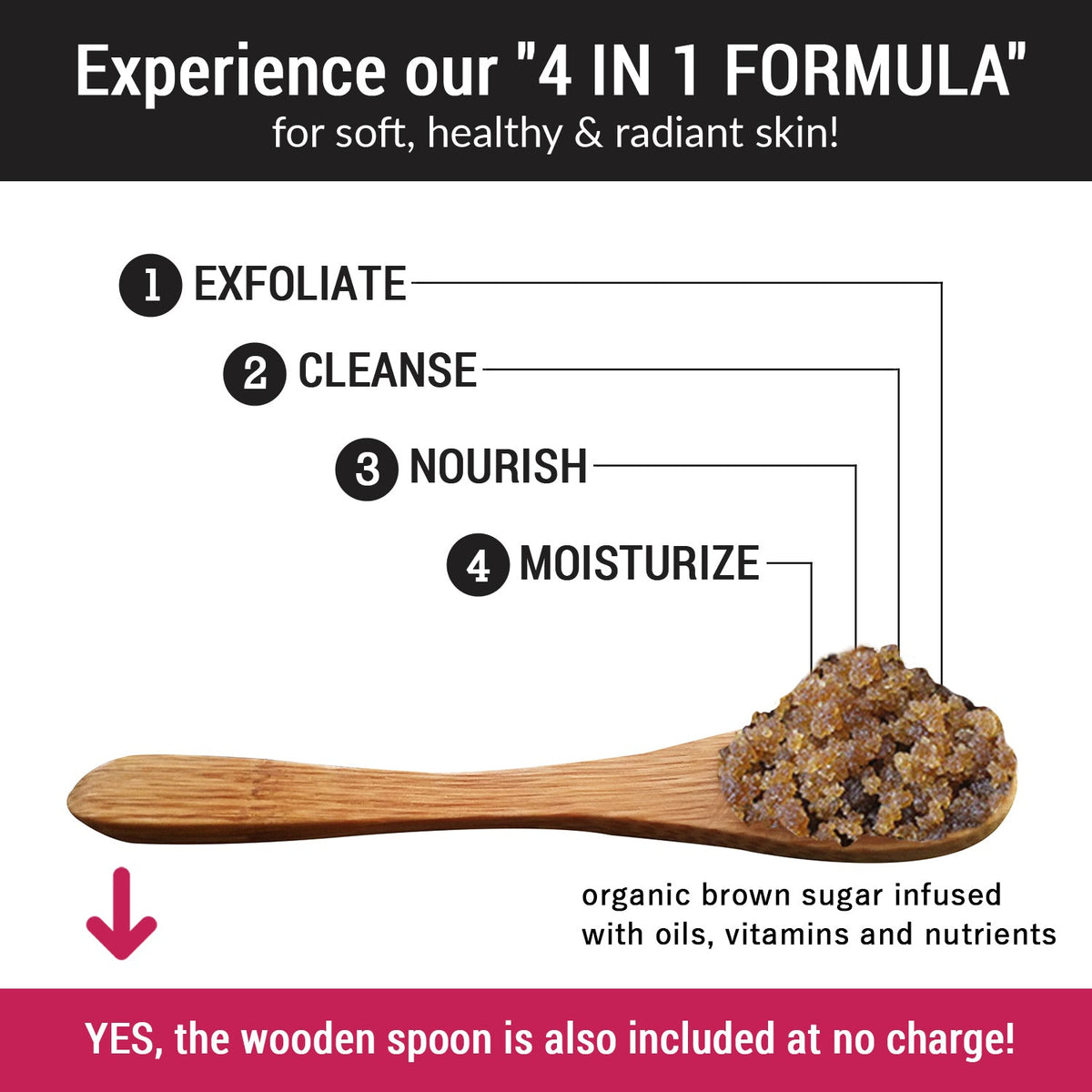 4-in-1 formula wooden spoon holding brown sugar scrub granules.