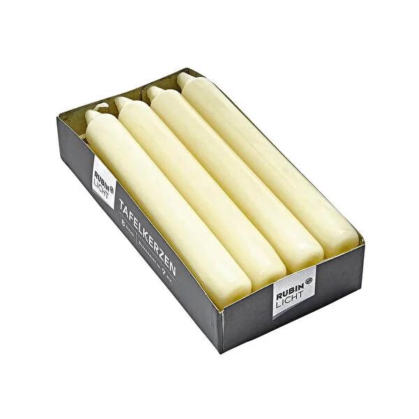 Eight cream taper candles in a rectangular metal holder tray