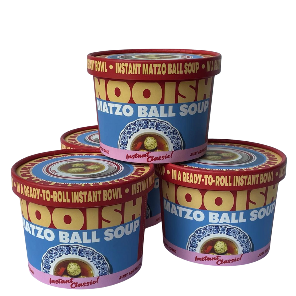 Matzo ball soup instant cups with red rims and blue labels featuring a bowl graphic