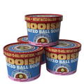 Matzo ball soup instant cups with red rims and blue labels featuring a bowl graphic