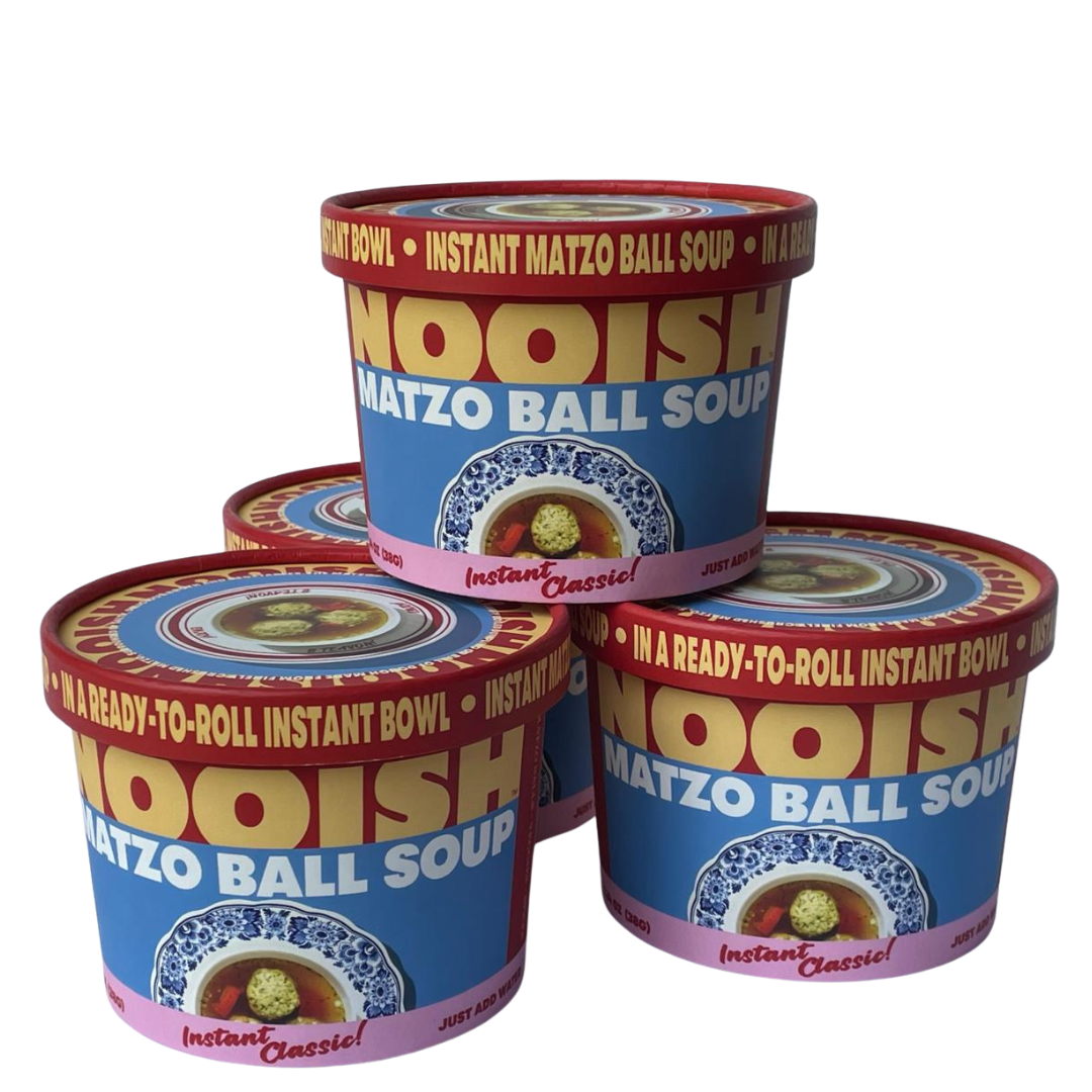 Matzo ball soup instant cups with red rims and blue labels featuring a bowl graphic