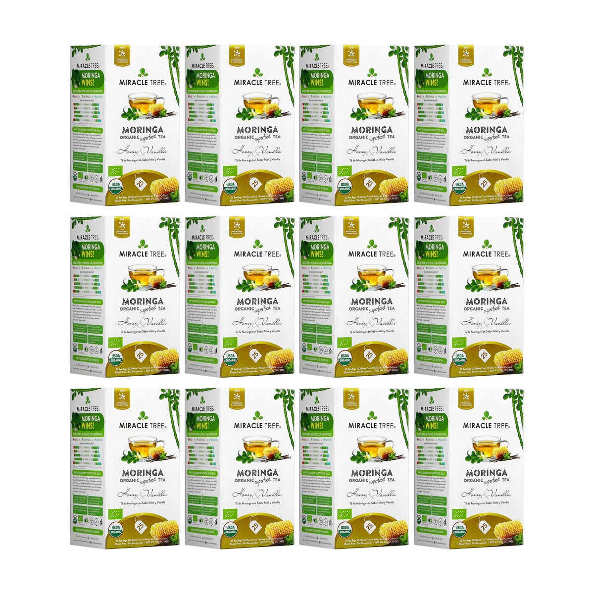 Caffeine-free herbal tea cartons, grid of front panels with honey and vanilla