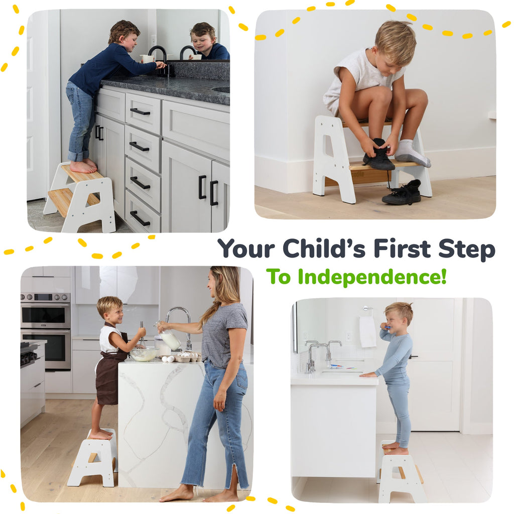 Two-step wooden step stool with cutout side panels and wood steps, shown in use.