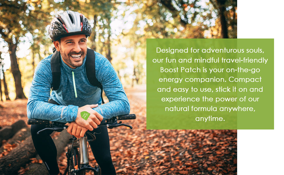 Boost energy patch promotional card beside smiling cyclist