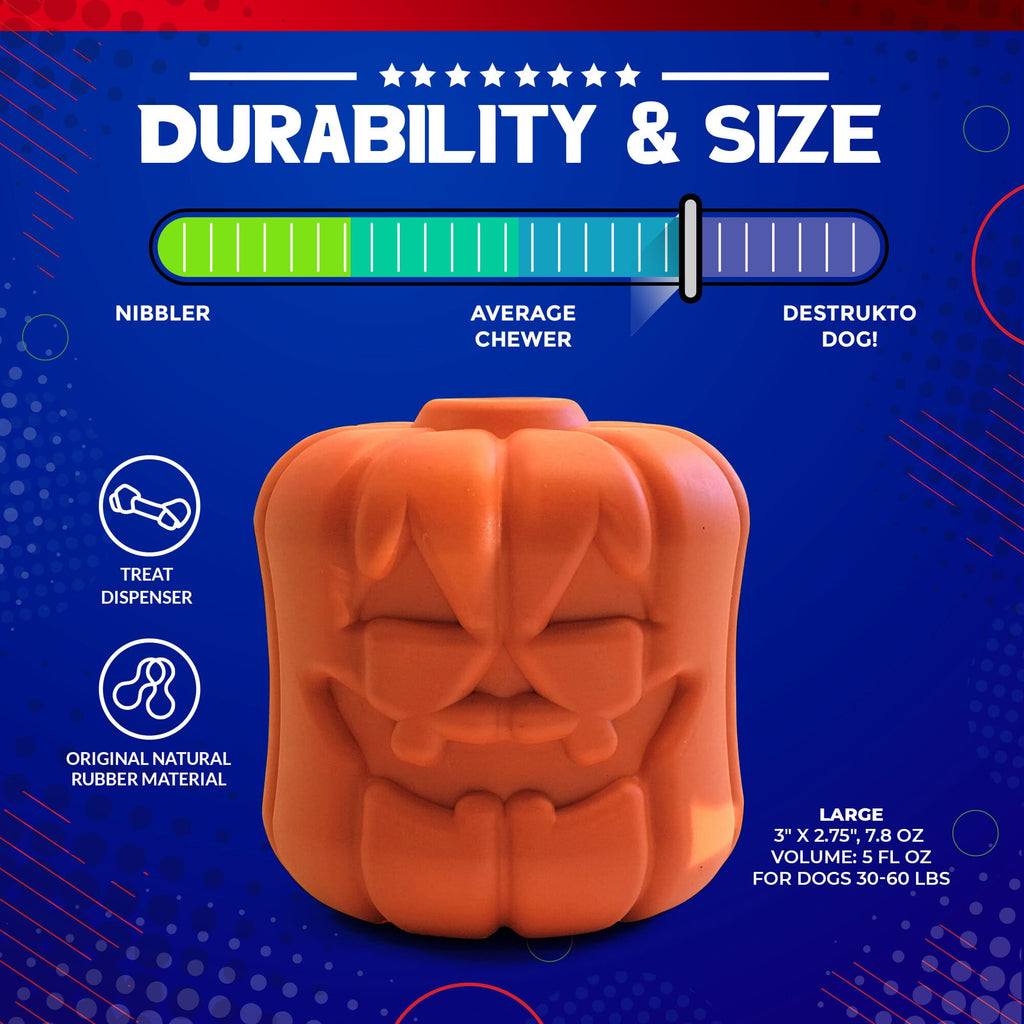 Orange jack-o'-lantern dog chew and treat dispenser toy for large dogs.