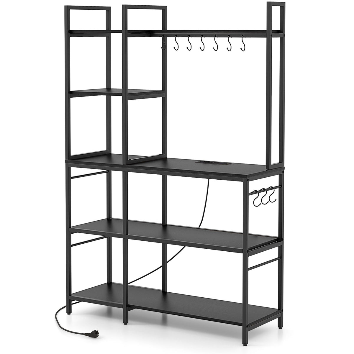 Black 5-tier bakers rack with dark wood shelves, hook rail, and power cord