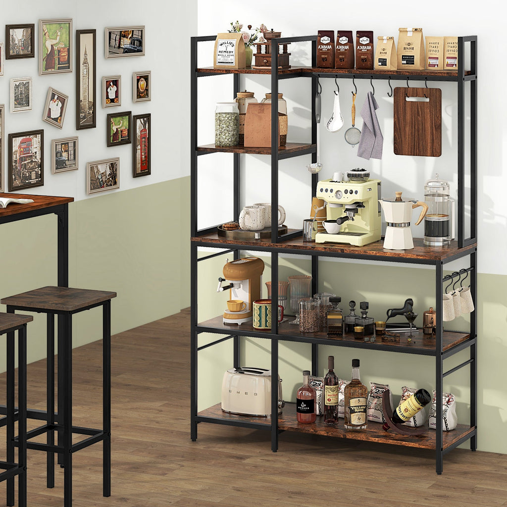 5-tier bakers rack with black frame, dark wood shelves, hanging hooks, and power outlets
