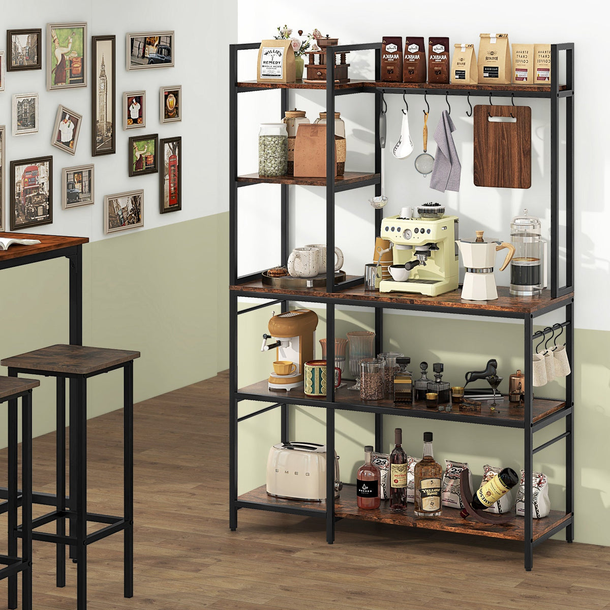 5-tier bakers rack with black frame, dark wood shelves, hanging hooks, and power outlets
