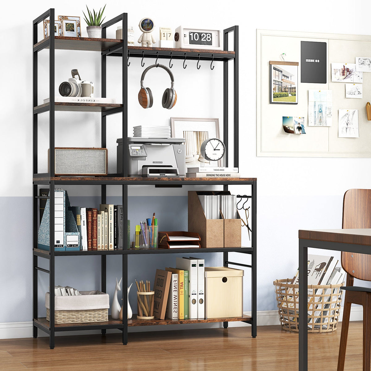 5-tier bakers rack with black frame, open shelves, and hanging pots and kitchen utensils