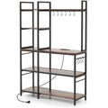 Black 5-tier bakers rack with dark wood shelves, hook rail, and visible power cord