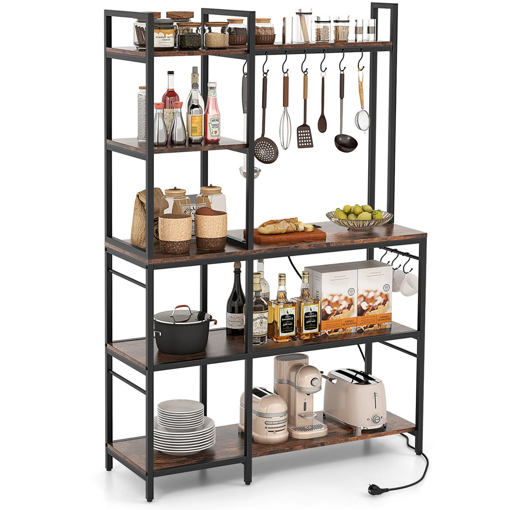 Black 5-tier bakers rack with dark wood shelves, utensil hooks, and countertop kitchen items
