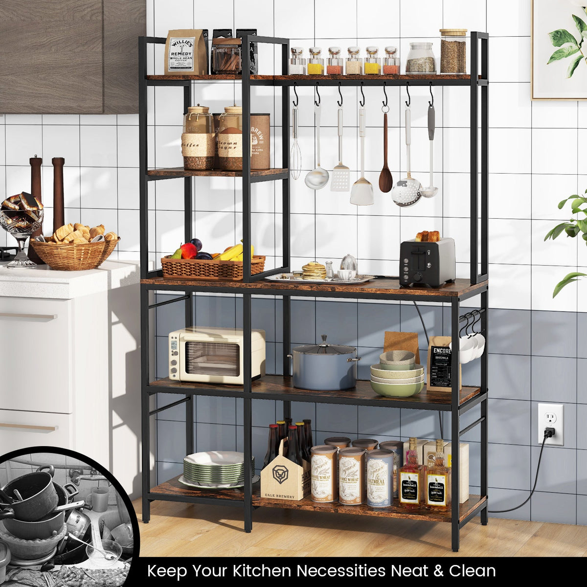 Black 5-tier bakers rack with hanging utensil hooks and dark wood shelves for kitchen storage