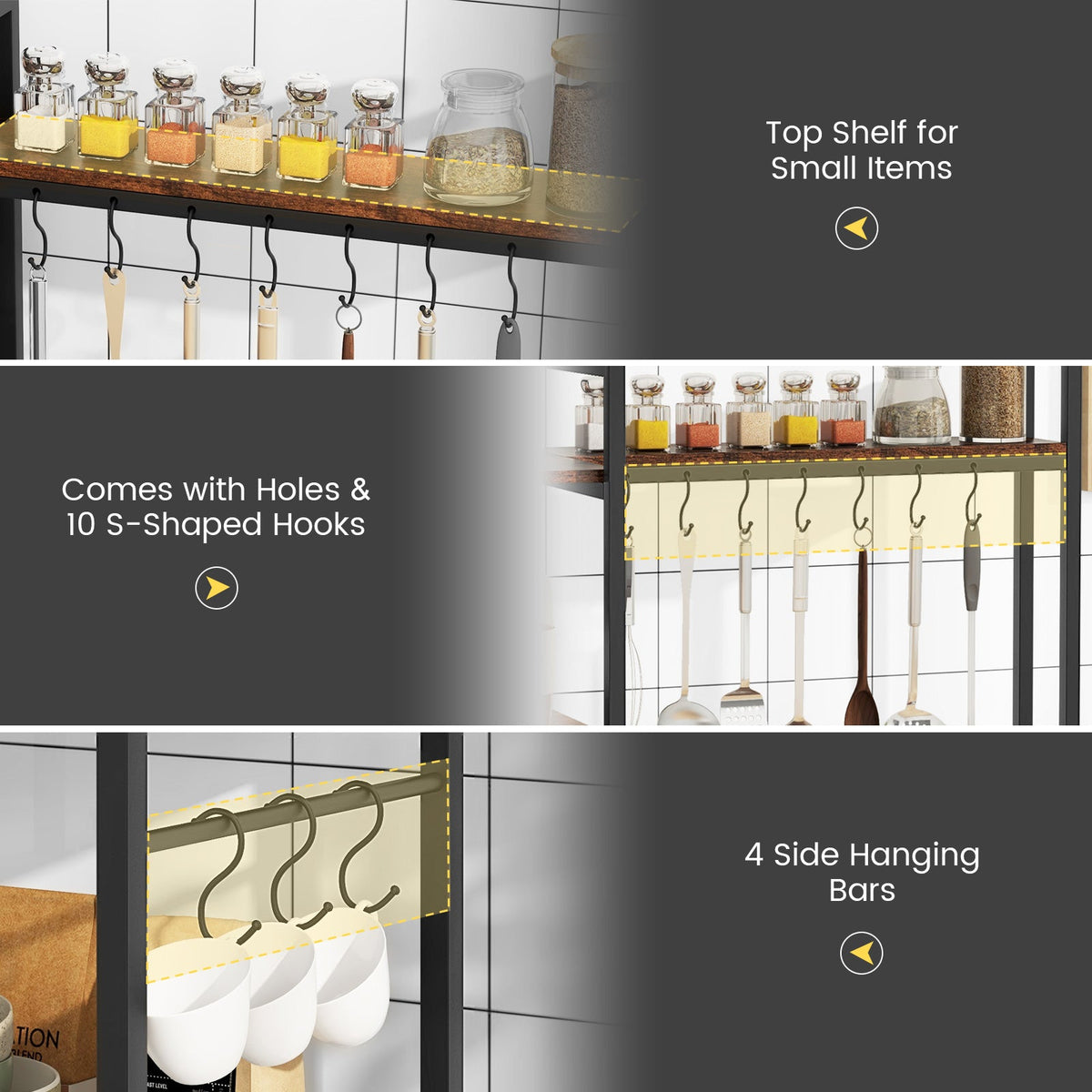 Black 5-tier bakers rack with top shelf and S-shaped hanging hooks for small items