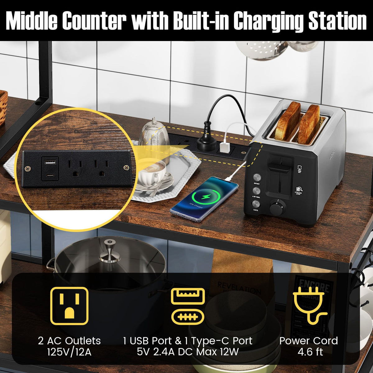 Middle countertop charging station on a bakers rack with AC outlets and USB-C port