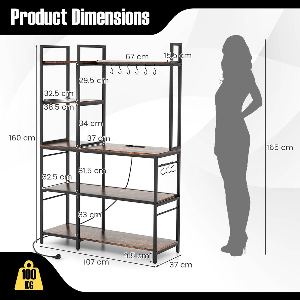 Black 5-tier bakers rack with dark wood shelves and hook rail, shown with size diagram