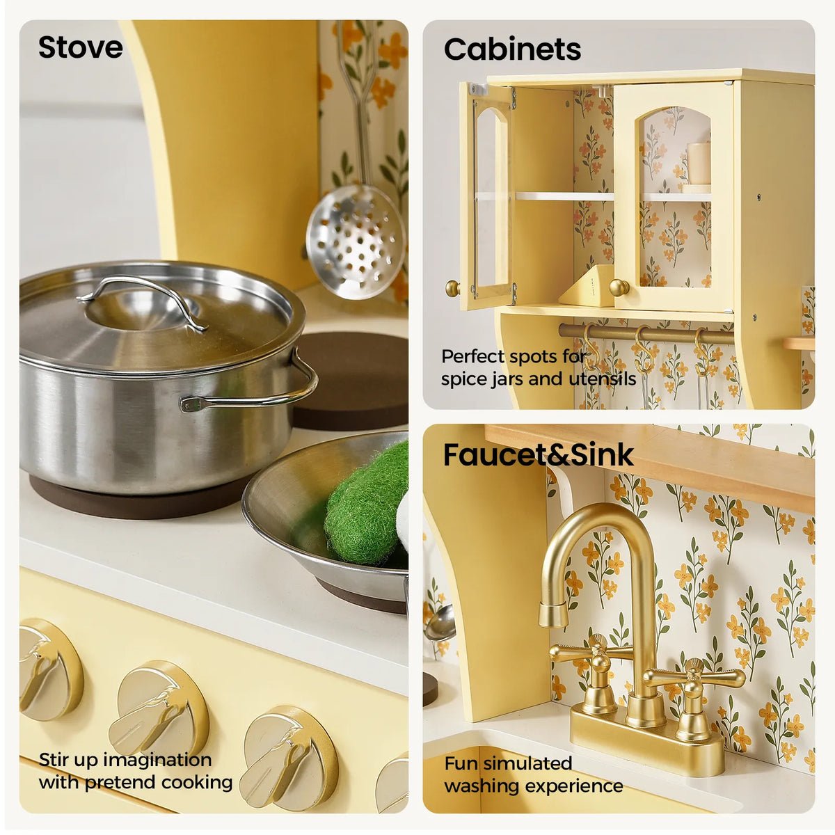 Yellow wooden play kitchen details: stovetop pots, cabinets, and faucet sink