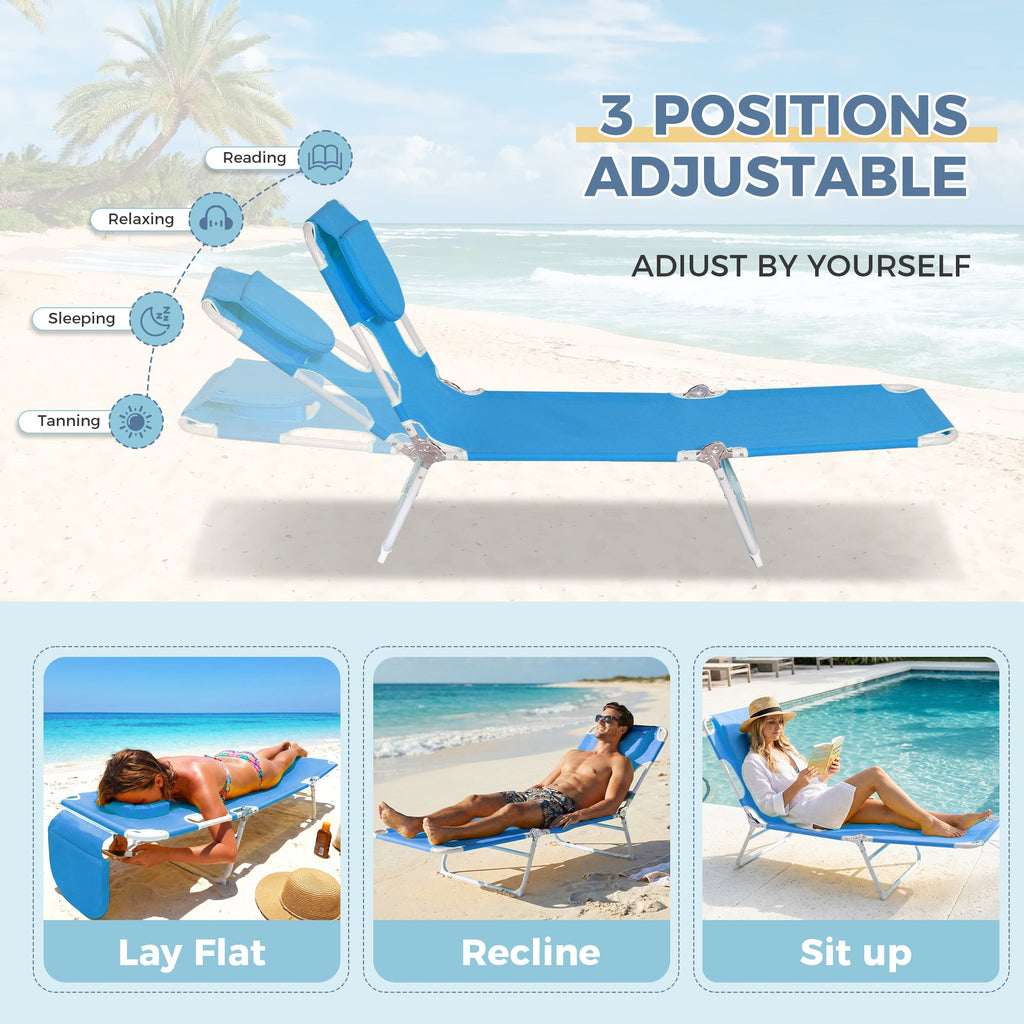 Blue adjustable sun tanning chair with 3 positions: lay flat, recline, sit up