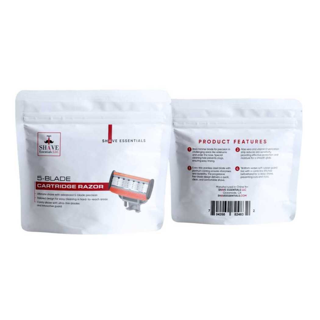 5-blade cartridge razor refill pouches with product features text
