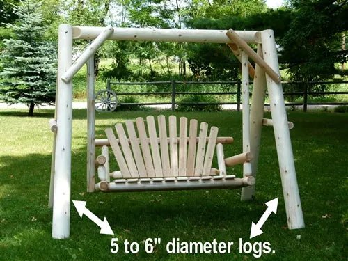 Wooden porch swing with white slat seat and side supports